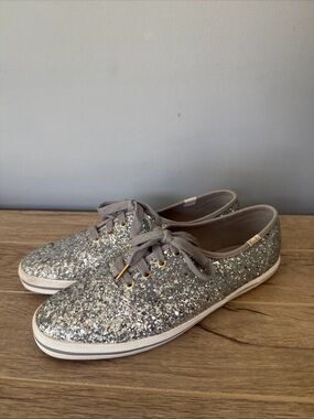 KATE SPADE x KEDS Champion Shoes Silver Glitter Sneakers WF52390 women sz 8 EUC